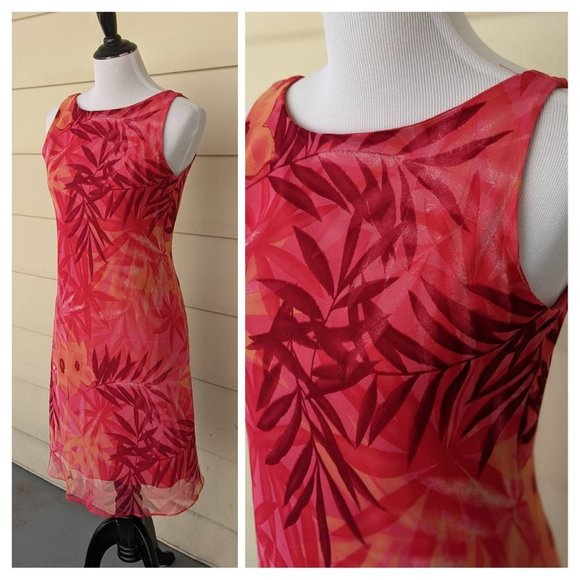 Flirty Orange Red Floral Sleeveless Summer Dress Low Back Stretch Sheer Tropical - Picture 1 of 8